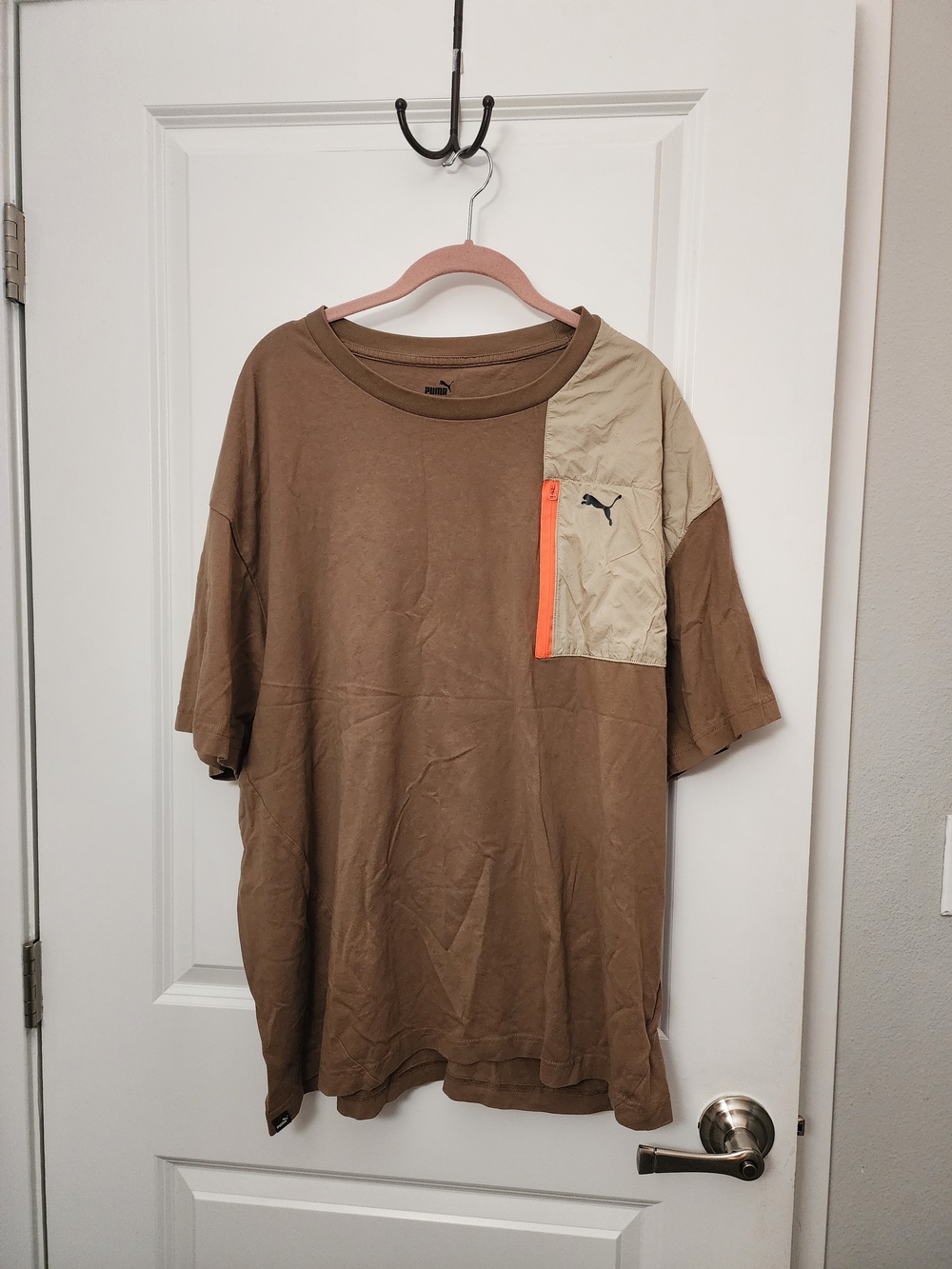 Puma Men’s Brown Short-Sleeve Tee with Tan Panel and Orange Zip